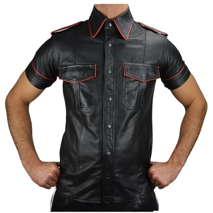 awanstar AW-665 Rot Piping Regular Fit mit Roten paspal Herren lederHemd aus echtemleder (DE/NL/SE/PL, Alphanumerisch, L, Regular, Regular, Rot)