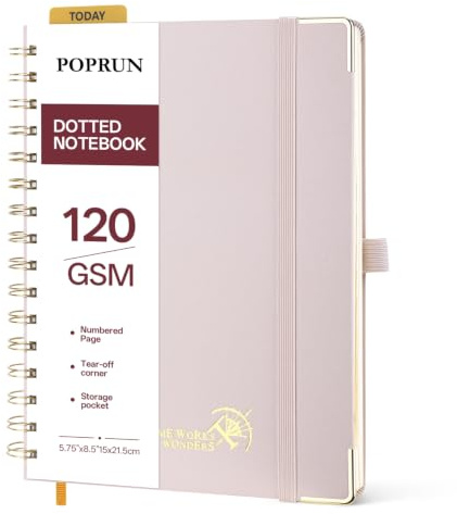 POPRUN Cuaderno A5 Punteado, 120 GSM Cuadernos Bonitos, 141 Páginas Cuaderno Espiral con Bolsillo, Pestañas de Indice, Ideal para Escuelas, Oficinas, Diario de Viaje,15 x 21.5cm, Rosa Claro