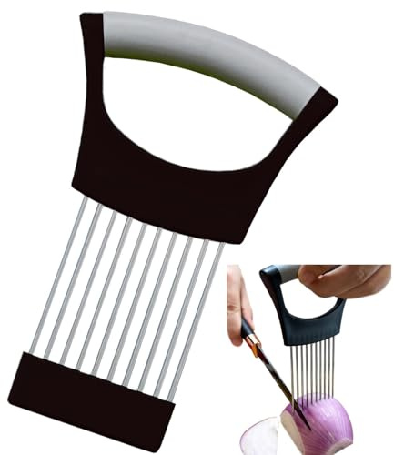Onion Slicer Vegetable Chopper Onion Holder Slicing,Tomato Cutter with Cover for Fruit,Lemon,Egg,Butter,Potato,Mushroom,Green Pepper,Hand Held Slicer,Food Slice Assistant,Kitchen Tool (Black & Gray)