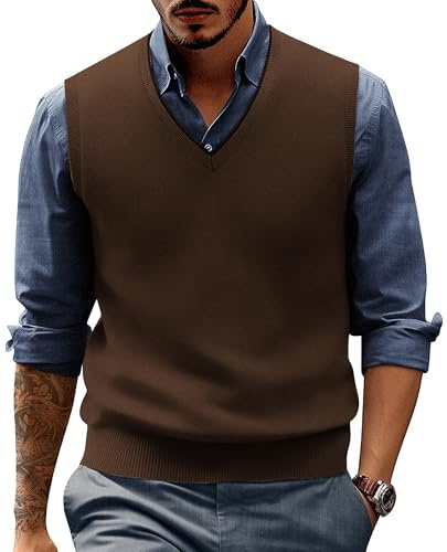 PJ PAUL JONES Mens Knit Vest V Neck Wool Blended Sweater Vest Contrast Sleeveless Knitwear Coffee XL