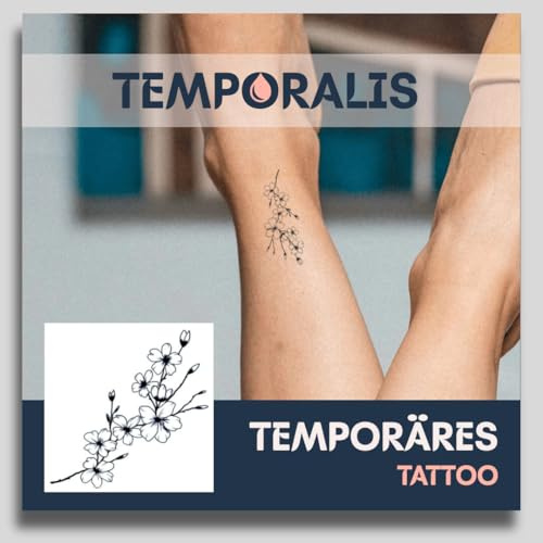 Fake Tattoo Blumen – Temporalis® | Temporäre Tattoos für Erwachsene – EU-zertifizierte Kosmetik, vegan & wasserfest – Hält 1 bis 2 Wochen [ Zweig mit Kirschblüten ]