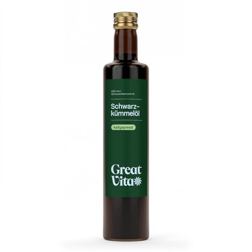 GreatVita Schwarzkümmelöl 500 ml - 100% rein, kaltgepresst, gefiltert, Vielseitig für Küche und Hautpflege, Frei von Zusatzstoffen - Aufdruck kann variieren