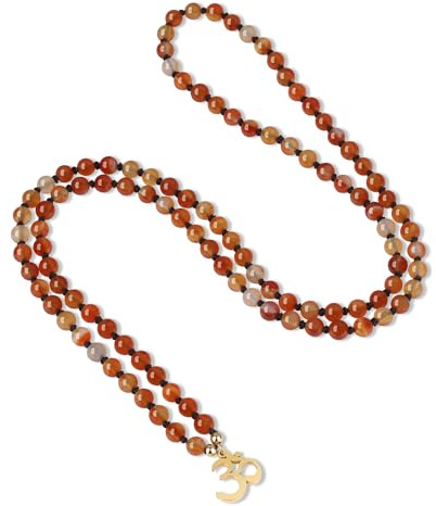 COAI Rosario Collana Pietre Naturali Uomo Donna, Collana Perle Mala 108 Grani in Agata Arancione Annodate a Mano e Ciondolo OM
