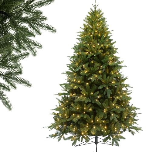 IGOOD Weihnachtsbaum Künstlich [100% Spritzguss] mit Beleuchtung, Nordmanntanne Edle mit 1447 Dicht Spitzen, Naturgetreu Tannenbaum Künstlich 180cm, PE Christbaum mit Metallständer als Weihnachtsdeko