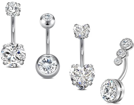 NIUSIMAN 14G Stainless Steel Belly Button Rins, Heart CZ Belly Barbell Piercings, Cute Navel Piercing Jewelry For Women Silver