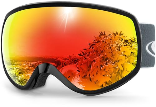 Findway Skibrille Kinder, Snowboardbrille Helmkompatible Schneebrille Verspiegelt 100% UV-Schutz Anti-Nebel Kinder Skibrille für Jungen Mädchen 3-12 Jahre,B Schwarzer/Rot
