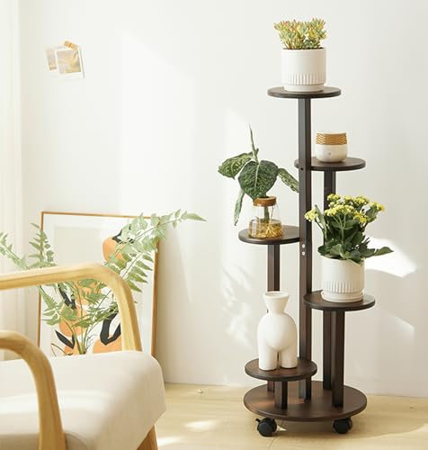 KEBMCHN Porta Piante da Interno con Ruote, Scaffale 5 Livelli in Bambù Mobile 88 cm, Portavasi per Balcone, Giardino, Terrazzo, Supporto per Piante Reggivaso con Rotelle,Ø 31.5 cm (marrone)