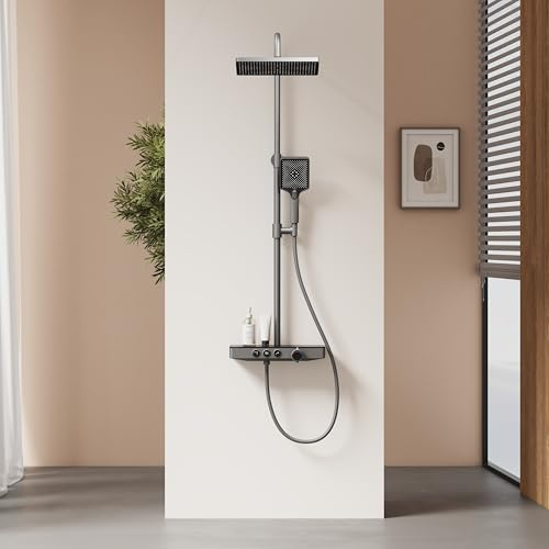 EMKE Colonne de Douche Thermostatique, 1127x460x360mm, Douche Pluie, Douche Manuelle 3 Fonctions, Hauteur Ajustable 812-1142mm, Anthracite mat, Corps en Cuivre et Panneau en Verre, Design Moderne