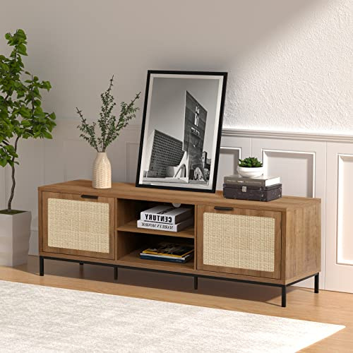 Skokliz TV-Schrank, Fernsehschrank Rattan mit 2 Türen & 2 offenen Fächern, Fernsehkommode für Fernseher bis zu 65 Zoll, Eiche mit Schwarze Schrankfüße aus Metall 150x40x55cm