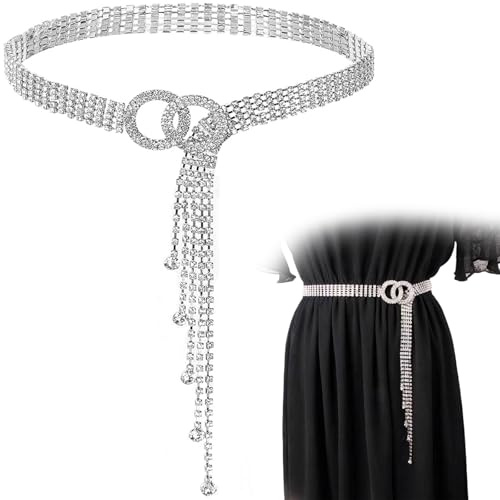 Bangbobi Damen Glitzergürtel - Verstellbarer Silber Kristall Kettengürtel für Abendkleid, Taillengürtel bis 135cm - Mode Accessoires für Frauen