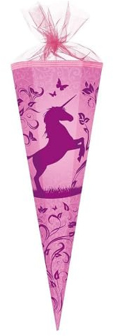 Familando große Schultüte für Jungen und Mädchen Zuckertüte 85cm 6-eckig mit Tüllverschluss zur Einschulung (Einhorn)