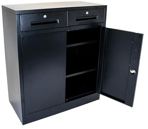 MMT Metallschrank mit Verriegelung, 2 Türen, 2 Schubladen, verstellbares Regal, Speisekammer-Allzweckschrank, abschließbarer Garagen-Werkzeugschrank, 80 cm x 40 cm x 92 cm (schwarz)