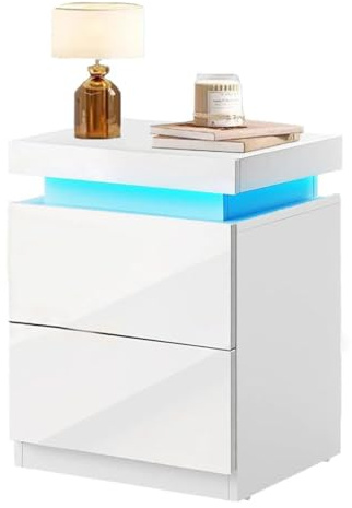 Oyajia Weiß Nachttisch mit RGB-Beleuchtung, 2 Schubladen Bettschrank, Leise Schubladen & Fernbedienung,USB-Ladeanschluss, Perfekt für Schlafzimmer oder Wohnzimmer (2 Schubladen)