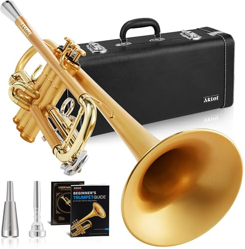 AKLOT Weighted Leadpipe Bb Trumpet: Satin Gold, Mouthpiece Booster, 7C Mouthpiece*2, Beginner & Intermediate Standard Trumpet Instrument, Trompeta Musicales with Hard Case, Lesson Book, Cleaning Kit
