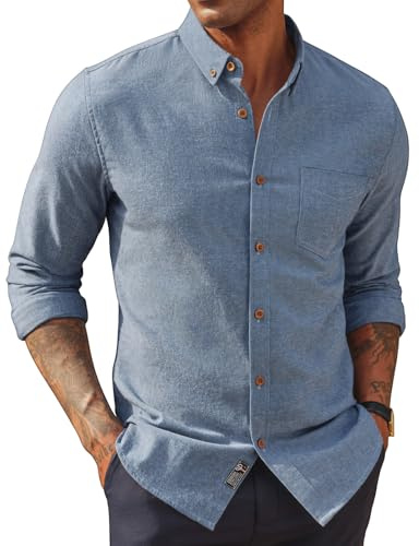 PJ PAUL JONES Linen Shirts for Men Casual Long Sleeve Button Down Beach Shirt with Pockets for Fall Blue