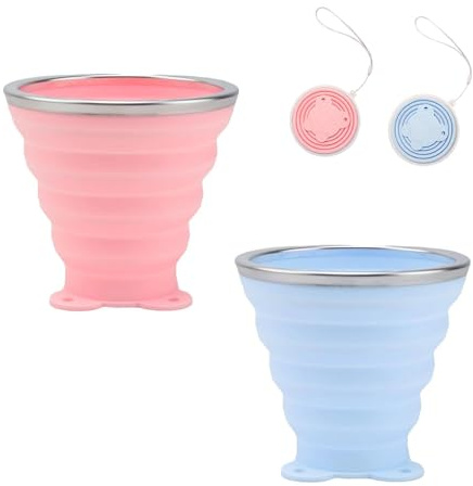 LNSYSNS Faltbecher, 2 Stück Faltbarer Kaffeebecher, 250 ml Trinkbecher mit Deckel, in Rosa und Blau, Faltbarer Trinkbecher, mit Anhängeschnur, für Büro und Reisen