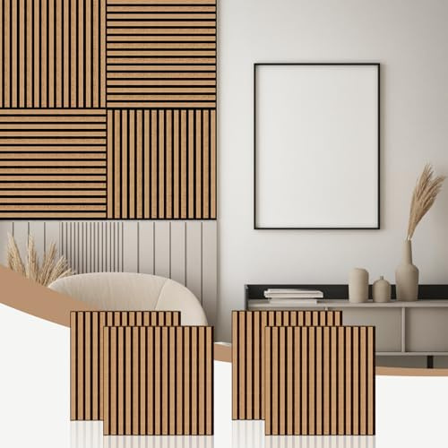 AKK-STAVE Lot de 4 panneaux acoustiques muraux en bois pour insonorisation – Panneaux muraux décoratifs 3D à lattes en bois pour maison, 600 x 600 mm, 1,44 ² (chêne olié)