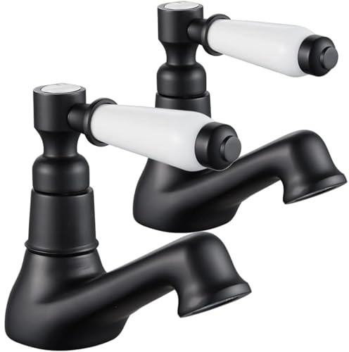 Grifo de pilar para lavabo, 2 agujeros, estilo victoriano, tradicional, doble grifo para lavabo de baño, palanca de cerámica blanca, 2 agujeros, mono, agua fría y caliente, G1/2, negro mate