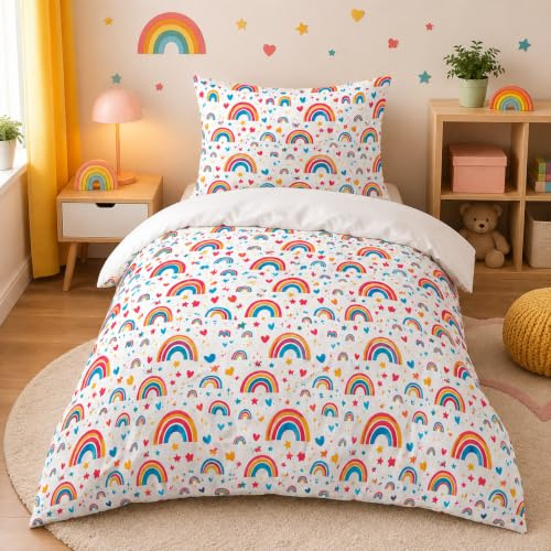 DJDEA Cartoon Bettwäsche 135 x 200 cm Kinder Weich Mikrofaser, Regenbogen Motiv Bettwäsche-Sets mit Reißverschluss, mit Kinder Bettbezug und 1 Kissenbezug 80 X 80 cm, Geschenk für Mädchen