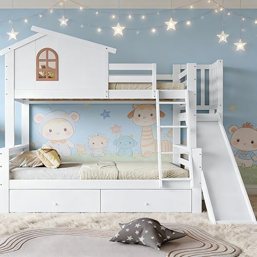 Soweiz Cama infantil con tobogán, con dos cajones, litera con ventanas características y escalera basculante de cuatro niveles, marco de cama de madera maciza, blanco, 90 x 200 y 120 x 200 cm