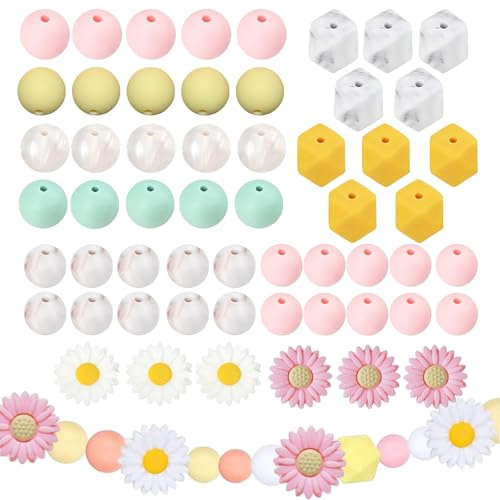Perles en Silicone Marguerite 56 pièces – Perles Rondes colorées pour création Bijoux DIY – Accessoires pour Bracelets, Colliers, Porte-clés, décoration Maison – faciles à Nettoyer
