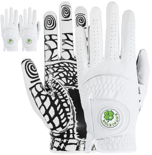 Herren-Golfhandschuhe, Allwetter-Grip mit Silikon-Handfläche, 2 Stück, Premium-Golfhandschuhe mit Ballmarker für Rechts- oder Linkshänder, Größen S bis XL (Weiß, L, Links)