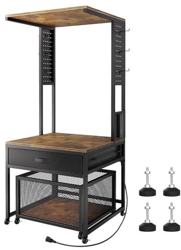 MILEFA Mini Fridge Stand with Power Outlet and Drawers, Mini Fridge Stand with Storage, Mini Fridge and Microwave Stand, Suitable for Dorm, Kitchen, Dining Area, Retro Brown