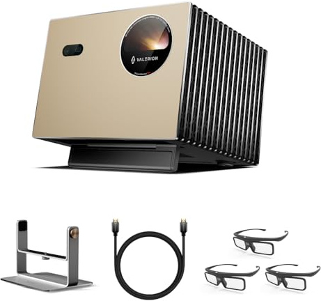 Valerion Heimkino Desktop Bundle – Sofort Aufstellen & Flexibel Genießen: VisionMaster Pro 4K Triple Laser Projektor 2500 ISO Lumen mit Gimbal-Stativ, 3× 3D-Brillen & HDMI 2.1 Kabel