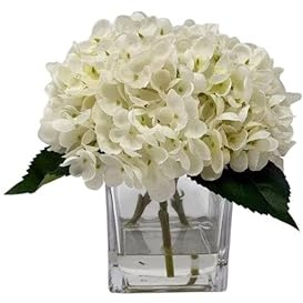 rowen homes Realistic Artificial Faux Cream Hydrangeas Floral Arrangement in Glass Vase - Fake Flowers Centrepiece for Shelf, Table, or Desk Home Decor - Luxury Interiors (Large)