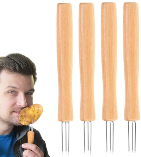 Porte-Épis de Maïs - Accessoire De Cuisine 3 Pointes Avec Manche En Bois - 4 Piques pour Épis de Maïs | Pour barbecue maison fêtes camping grillage rôtissage fruits et