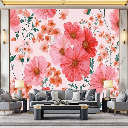 Carta da Parati Fotomurale XXL 300 x 210 cm, Rosa Poster Murale 3D in Tessuto Non Tessuto per Parete TV Corridoio e Soggiorno, Decorazione Interni di Grande Impatto Carini Fiori Margherite Foglie