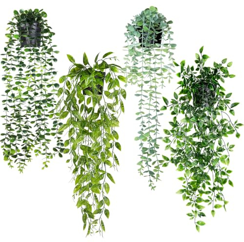 ADORAMOUR Konstgjorda hängande växter med krukor, set med 4 falska hängande växter, fuskeukalyptus, peapod, grå eukalyptus och mandala vinstockar för inomhus, utomhus, rum, vägghylla, badrum