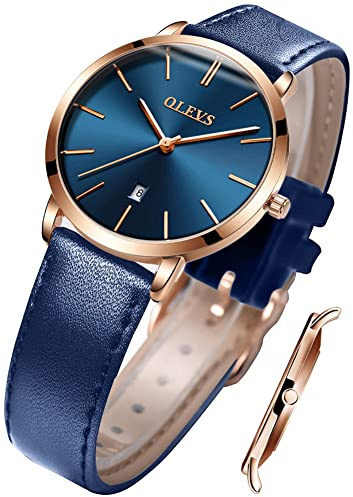 OLEVS Quarz Damen Uhr Elegante Armbanduhr Lederarmband Wasserdicht 30M Datumsanzeige Leuchtende Frauen Uhr Geschenke zum Muttertag