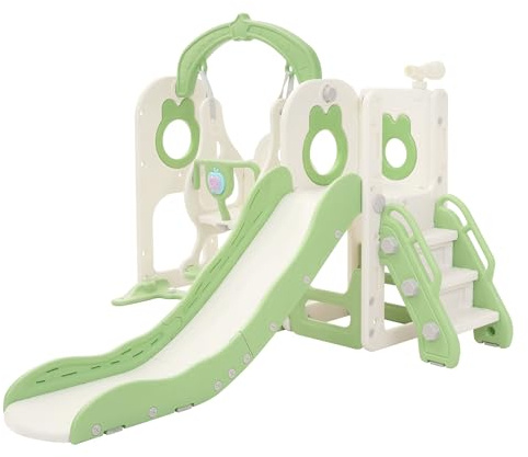 Joyz Tobogán Infantil 5 en 1 con Columpio, Escalera, Canasta de Baloncesto, Telescopio, Juego de Trepa Multifuncional, Parque Interior Exterior, Verde Claro, Juguetes para Niños a Partir de 3 años