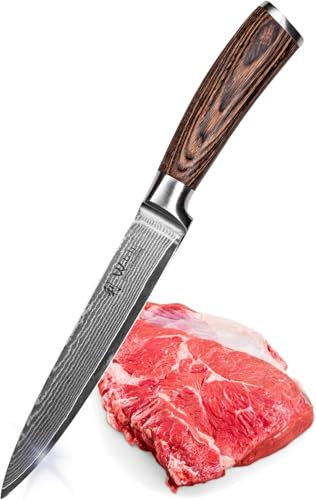 Wakoli Edib Damast Fleischmesser I Scharfe 18 cm Klinge aus 67 Lagen Damaststahl mit VG10 Kern und Griff aus Pakkaholz I Profi Küchenmesser, Damastmesser in eleganter Box