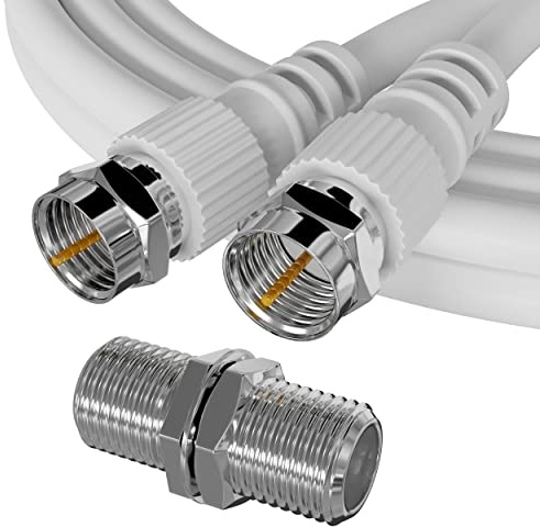 ConnectingU 15m White Satellite Coaxial Cable Kit (Virgin Media & Sky Compatible) - Male to Male Cable with F-Type Connectors Bundled with an F-Type Female to Female Coupler.