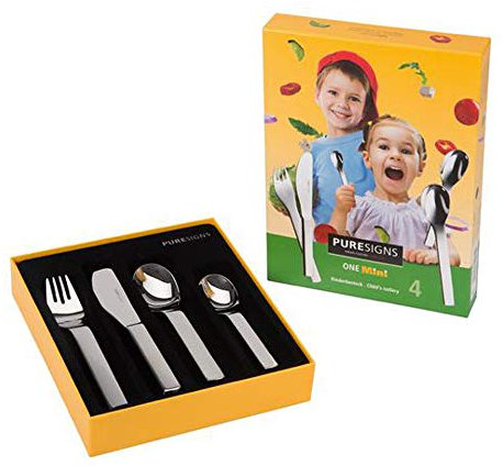 PURESIGNS ONE MINI matt, Besteck Kinderbesteck SET mit Gravur 4tlg. Gravurbesteck mit Name graviert, Besteck personalisiert, Geschenk zur Geburt Taufe Geburtstag