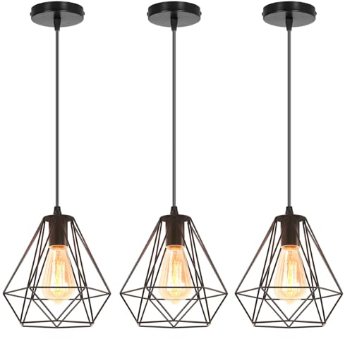 iDEGU 3 Stück Pendelleuchten Retro Pendellampe in Diamant Käfig Form Lampenschirm Metall Hängelampe, 20CM, Schwarz