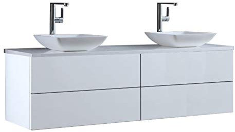StoneArt Badmöbel Set mit Mineralguss Waschbecken Waschschale Aufsatzwaschbecken und Unterschrank Waschtisch Einzel- oder Doppelwaschbecken Brugge BU-1601pro-2 weiß 160cm