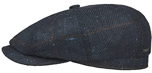 Stetson Hatteras Silk Wool Check Flatcap Ballonmütze Schirmmütze Seidencap Wollcap Herren - Made in Germany mit Schirm, Futter, Futter Winter Herbst-Winter - 58 cm dunkelblau