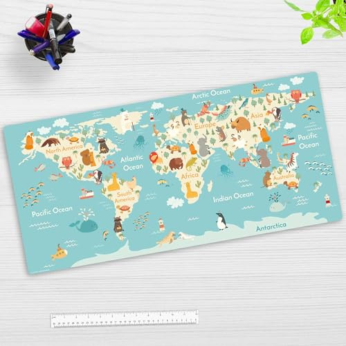 Schreibtischunterlage Kinder – “Weltkarte“ – aus erstklassigem, strapazierfähigem Vinyl (Kunststoff) – 84 x 40 cm – Rutschfeste Schreibunterlage für besten Schutz – Made in Germany