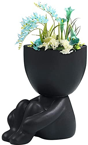 1* Maceta de cerámica Mini suculentas Artificiales Maceta con Forma Humana sentada, macetas pequeñas de Cactus Creativas contenedor de Plantas, decoración de Escritorio (Negro)