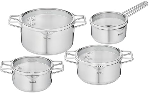Tefal Nordica 8-teiliges Kochgeschirr-Set, Stielkasserolle 16 cm + Kochtöpfe 18/20/24 cm aus Edelstahl + Glasdeckel, Ausgießer, einfaches Abtropfen, Induktion, H852S855