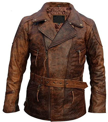 Veste de motard vintage en cuir vieilli pour homme avec ceinture et fermeture éclair 3/4 Marron, marron, L