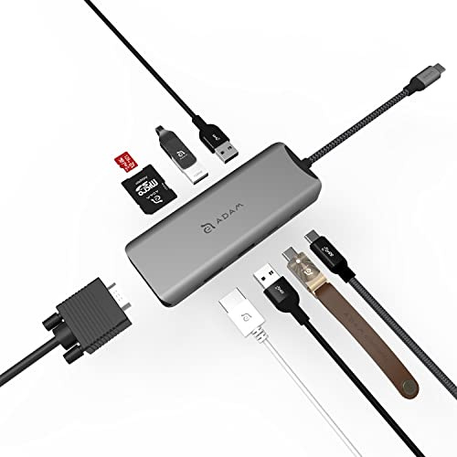 ADAM elements CASA Hub A08 9-in-1 USB-C & Kartenleser-Hub (2X USB A 3.1 und 1x USB A 2.0, 1x USB C PD 100W und 1x USB C 3.1, 1x HDMI- Anschluss 4K60Hz, 2X SD Karten, 1x VGA 1080p@60Hz)- Grau