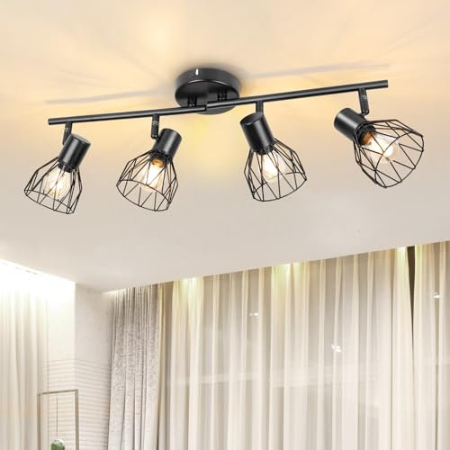 Dehobo Faretti da Soffitto Orientabili, Lampada da Parete Led Moderno Industriale E14 in Metallo Nero, Luci da Soffitto per 4 Lampadine non Incluse, Faretto E14 per Soggiorno Corridoio, Max 40W