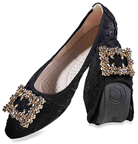 MACHSWON Women Ballet Flats Rhinestone Outdoor Wedding Ballerina Shoes Foldable Sparkly Comfort Slip on Flat Walking Shoes for Ladies(Black Buckle, Size 6)