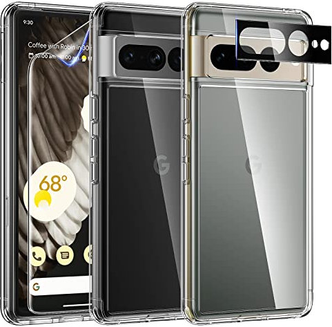 TAURI 3 in 1 für Google Pixel 7 Pro mit 2 Stück Schutzfolie, Schutz nach Militärstandard, [Anti-Vergilbung] Stoßfest Transparent Handyhülle - Durchsichtig