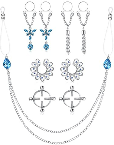 Kakonia 9stk Nippelklemmen Brustwarzen Fake Nippelpiercing Schmuck für Damen Verstellbarer Fake Nippel Piercing 316L Edelstahl Nippelklemmen Schmuck