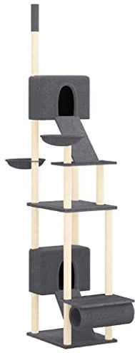vidaXL Kratzbaum Deckenhoch, Katzenkratzbaum Sisal Verstellbare Kratzsäule, Katzenbaum Plüsch, Kletterbaum für Katzen, Dunkelgrau 277-303cm